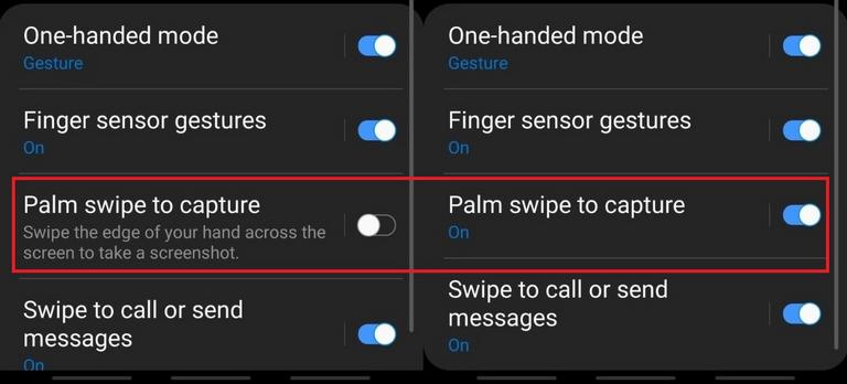 Palm swipe gesture- screenshot Samsung Galaxy S10