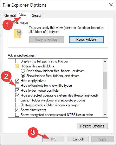 Unhide file extension in Windows 10