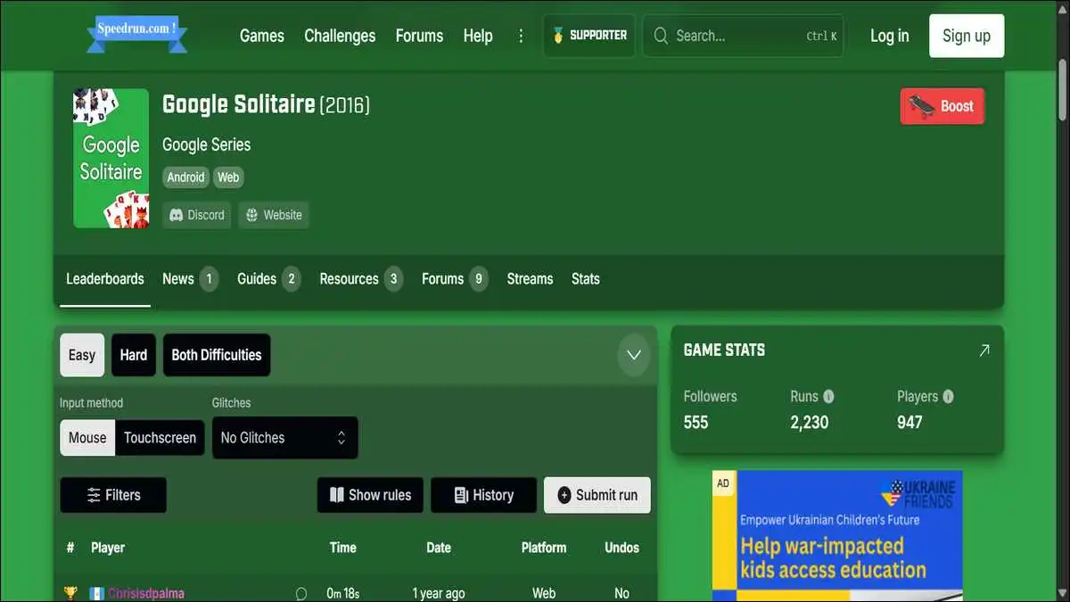 Speedrun.com's dedicated Google Solitaire leaderboard