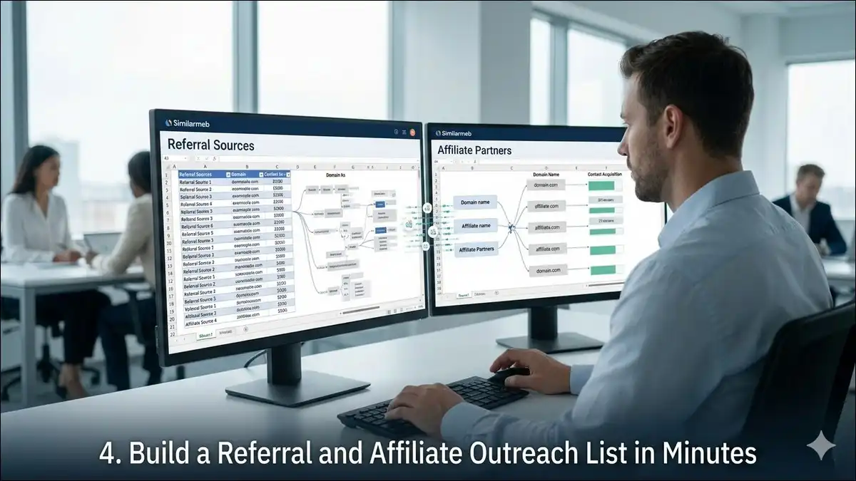 A professional at a dual-monitor setup exporting a referral sources list from Similarweb into an affiliate outreach database.