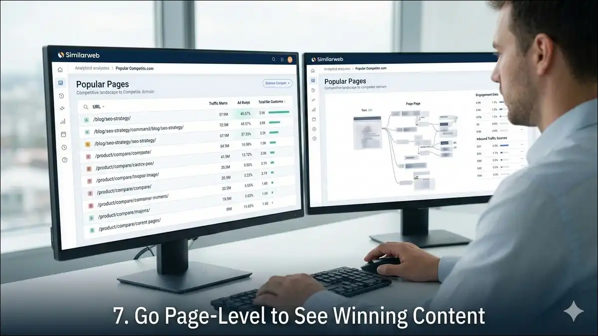 A content analyst viewing a granular page-level report in Similarweb to identify a competitor’s most popular blog posts and traffic sources.