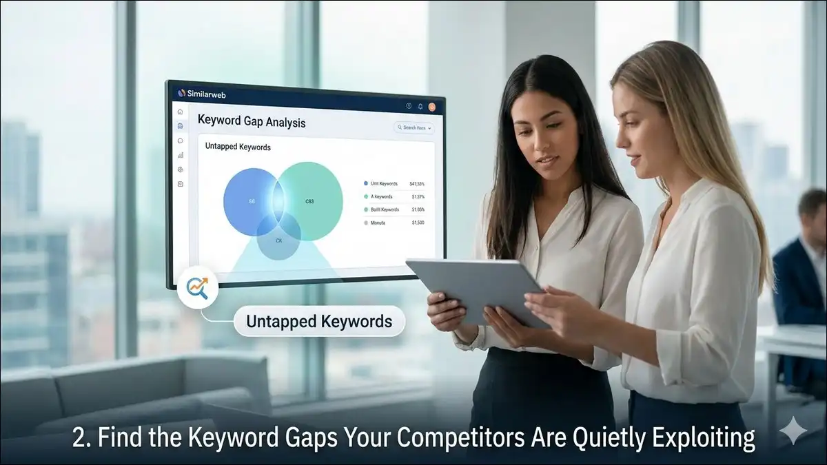 Two female professionals looking at a tablet and a large screen displaying a keyword gap analysis with overlapping circles and untapped keyword data.