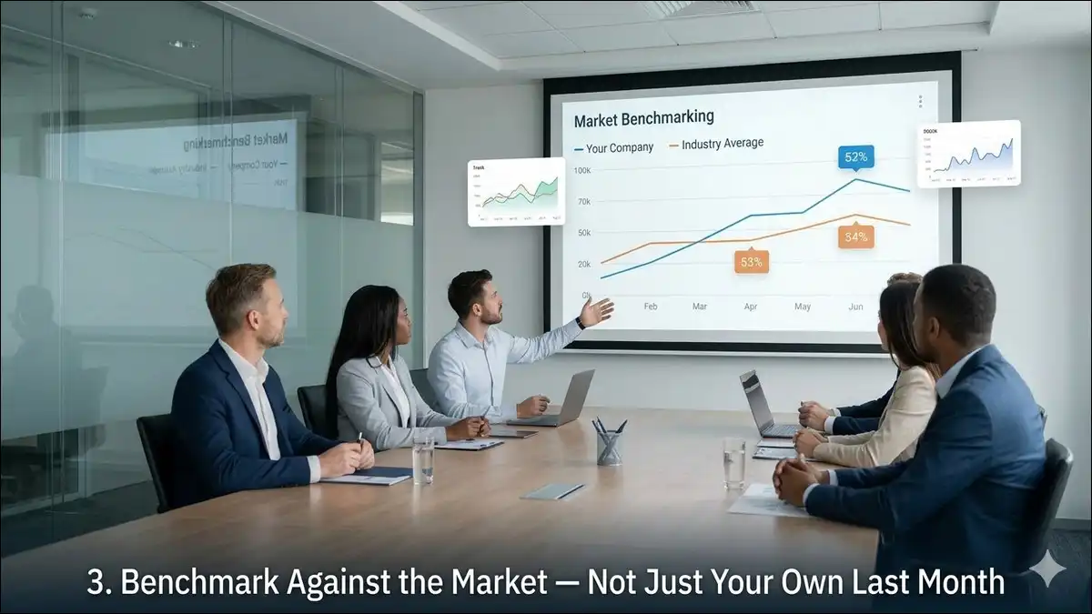 A group of executives in a boardroom meeting analyzing a market benchmarking line graph comparing company performance against industry averages.