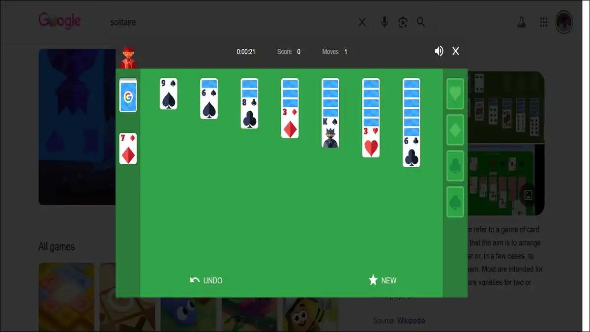 playing solitaire game on google search