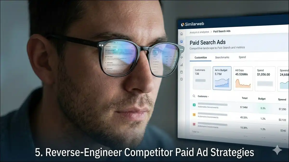 Close-up of a media buyer’s glasses reflecting a Similarweb paid search ads dashboard showing competitor ad spend and CPC metrics.
