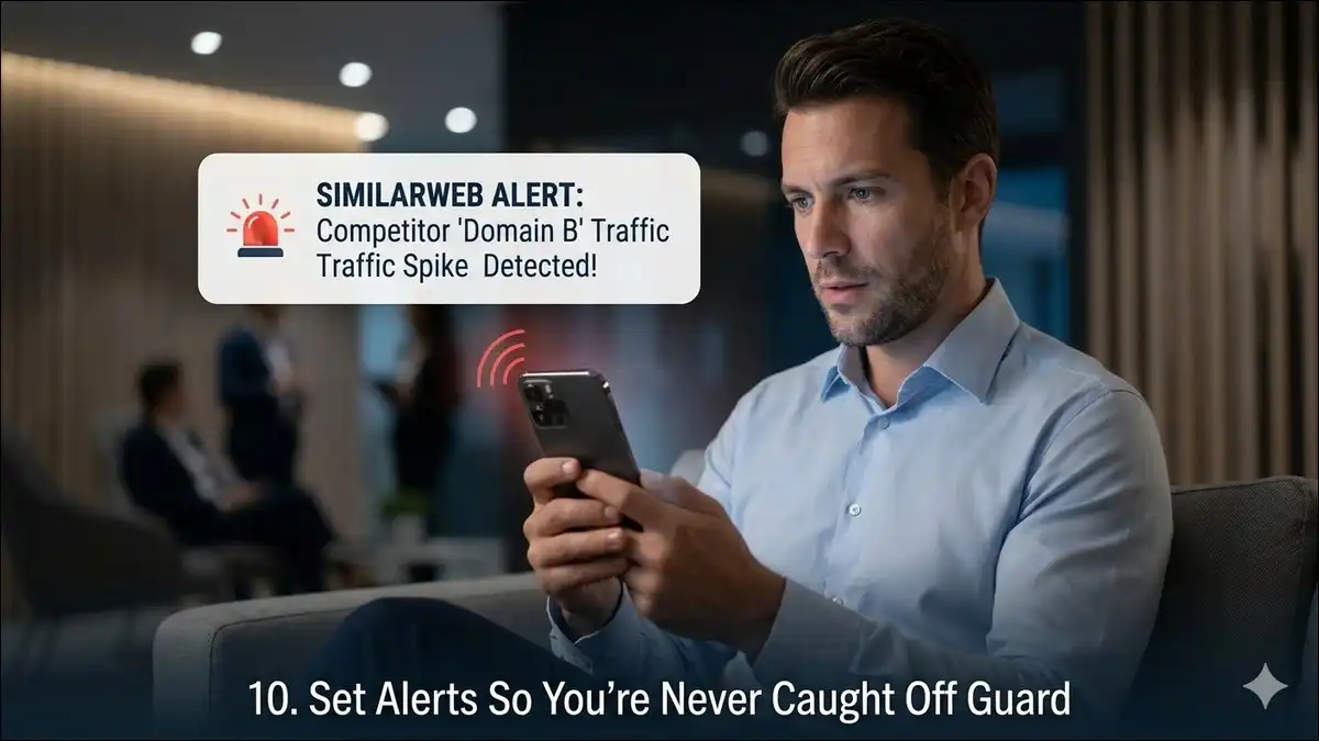 A professional looking at a smartphone notification alert stating that a competitor traffic surge has been detected by Similarweb.