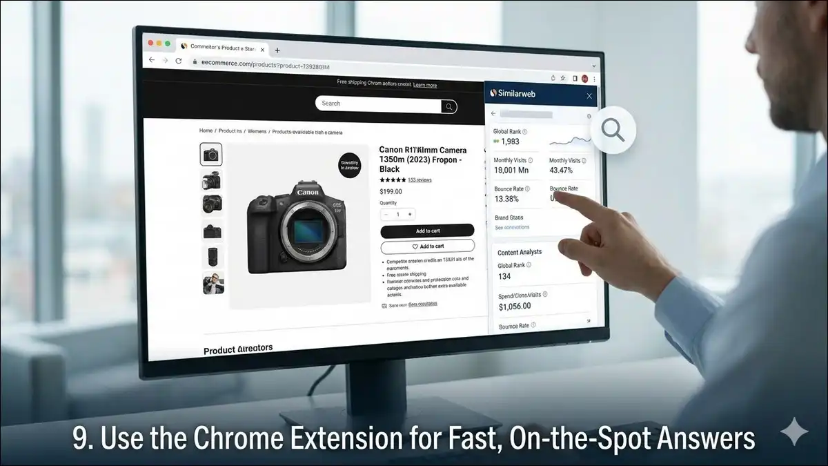 A user viewing a camera product page with the Similarweb Chrome extension sidebar open, showing global rank and bounce rate metrics.