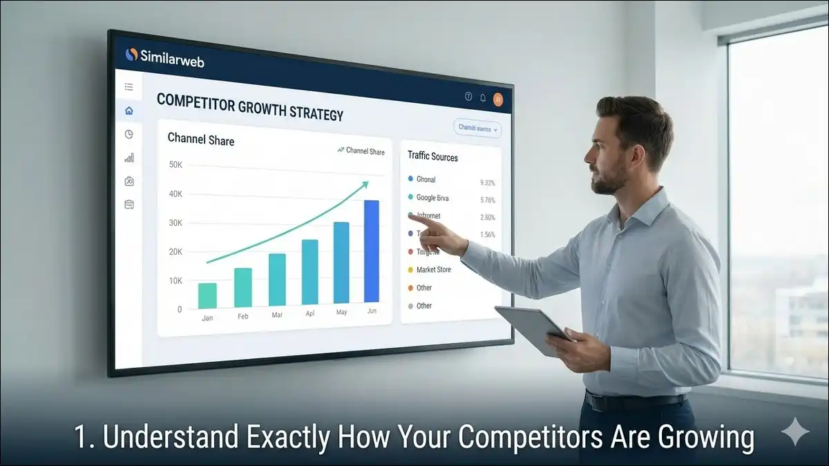 A male digital marketer pointing at a large wall-mounted Similarweb dashboard showing channel share and traffic source growth graphs in a modern office.