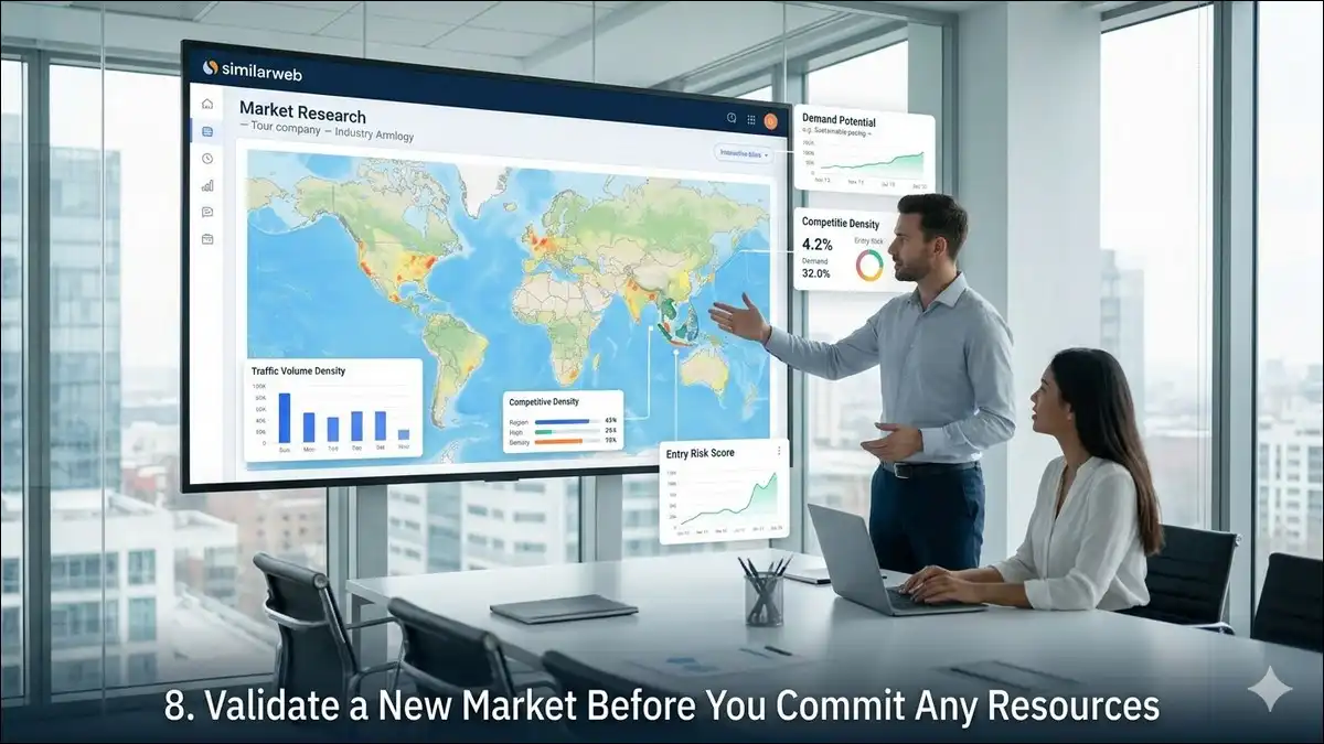 Two business development specialists pointing to a global heat map on a large screen used for market research and validating international demand.