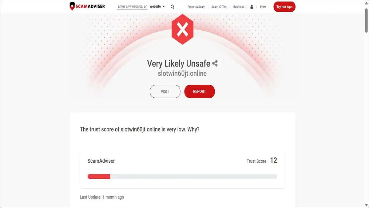 Slotwin60jt.online 600jt Scamadviser report suggests it is a risky website.