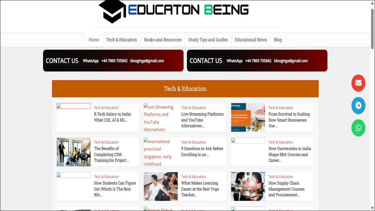 EducationBeing.com homepage showing article-only format with no videos or interactive features