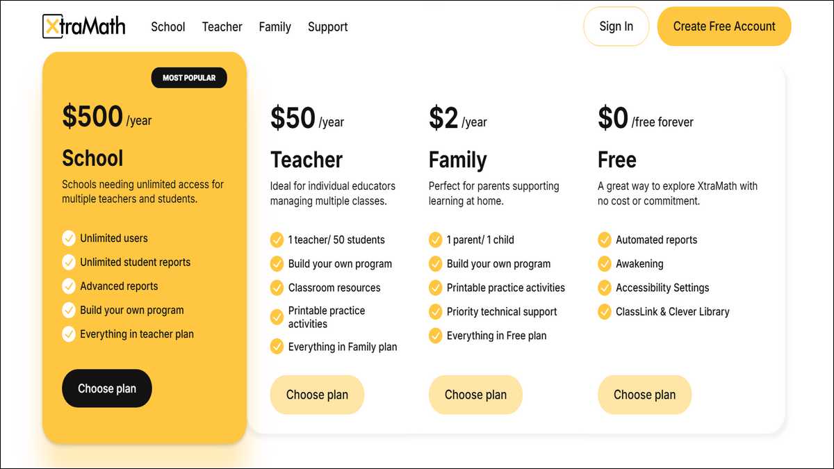 XtraMath pricing details