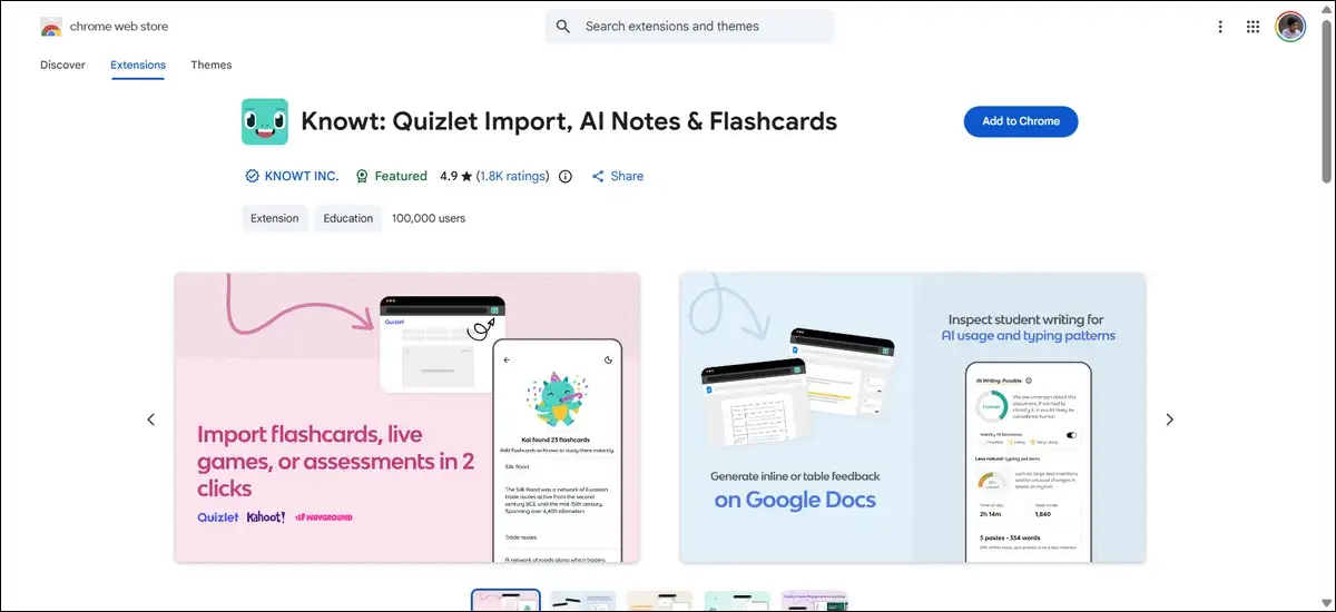 Knowt Chrome extension popup showing one-click import button on a Quizlet flashcard set page