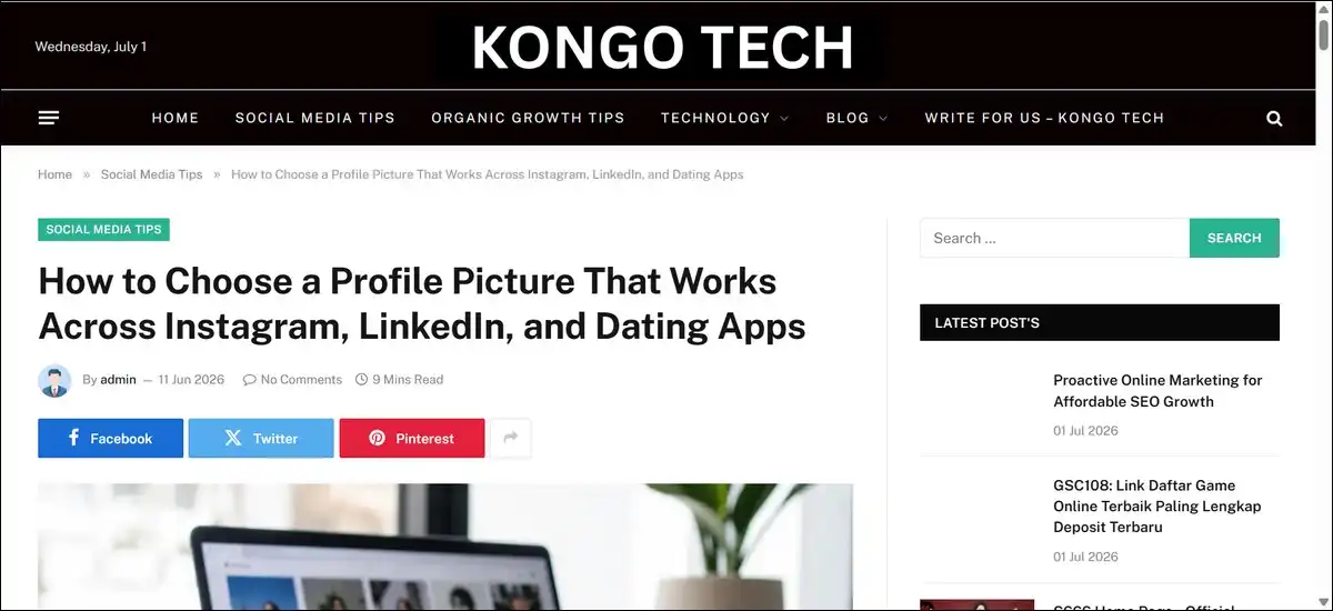 Kongotech.org main content categories including social media tips, technology tools, and gaming guides