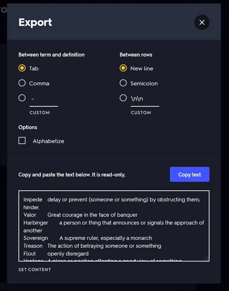 Quizlet export screen showing text copy options and separator settings for manual import to Knowt