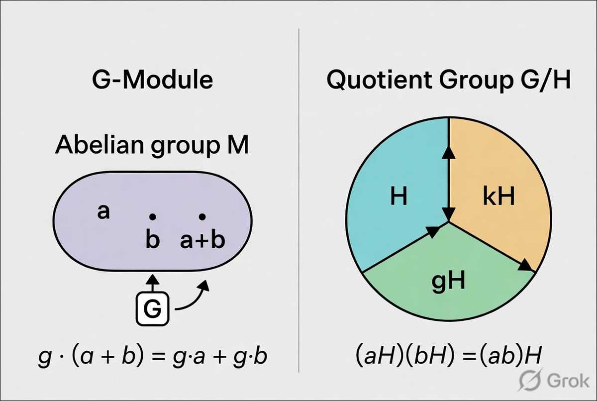 Clean diagram comparing a G-module (group G acting on an abelian group M with addition preserved) on the left with the set of cosets forming the quotient group G/H on the right.