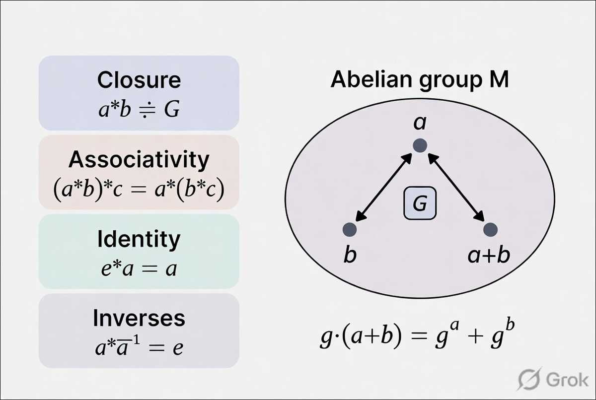 Illustration of the four group axioms beside a simple diagram of a group acting compatibly on an abelian group.