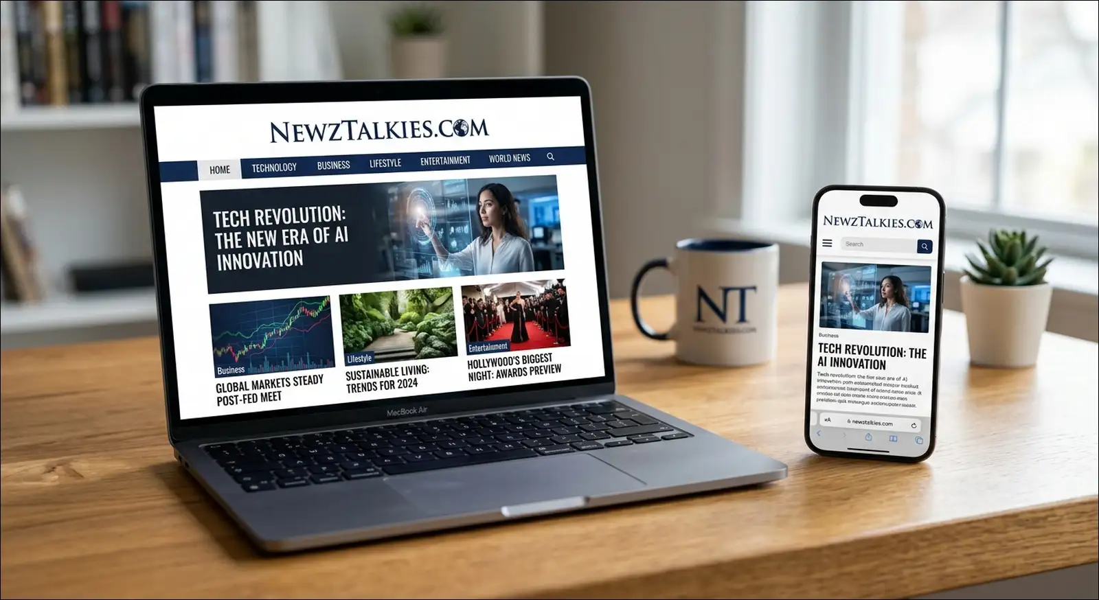 Newztalkies.com homepage preview on smartphone and laptop screen highlighting the nine main content categories and clean reading layout