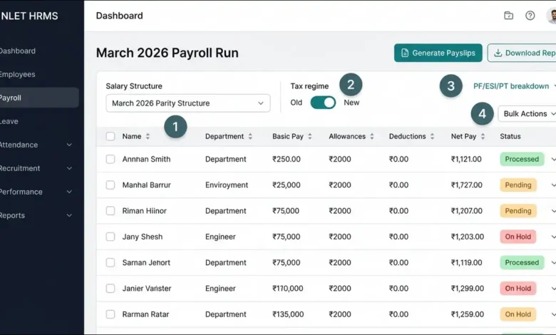 NLET HRMS payroll dashboard showing employee list, net pay, and generate payslip button