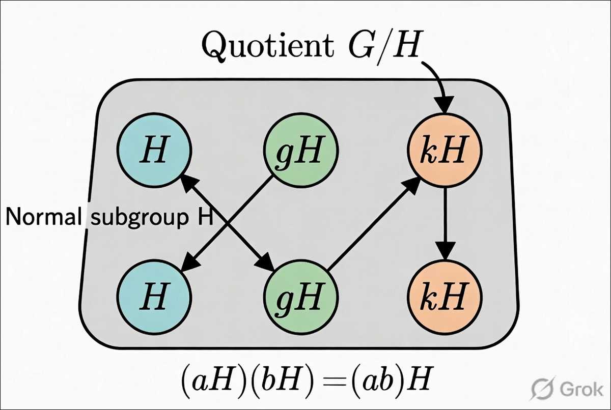 Visual of a small finite group partitioned into cosets of a normal subgroup, with arrows showing the induced multiplication in G/H.