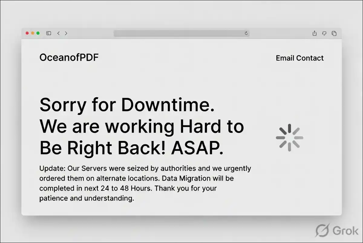 Ocean of PDF website downtime notice claiming servers seized by authorities July 2026