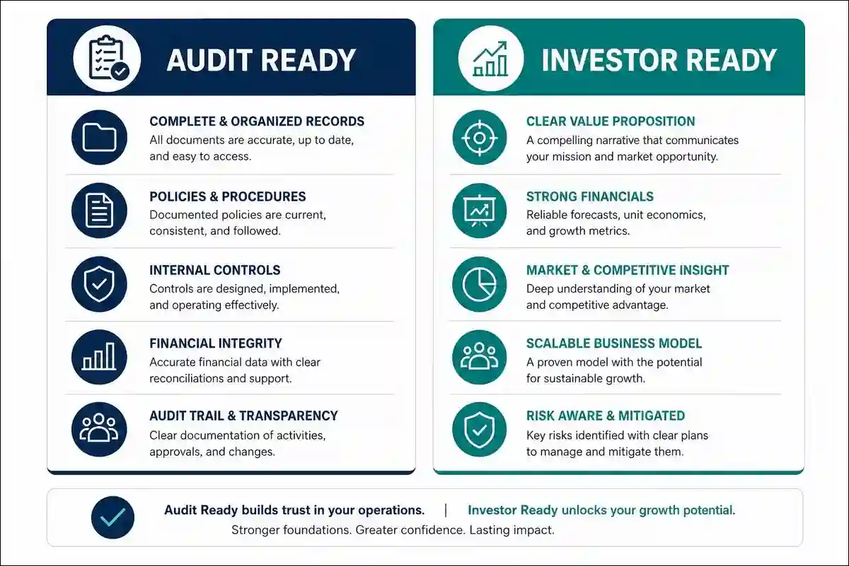 A Side-by-side comparison table showing audit ready versus investor ready requirements