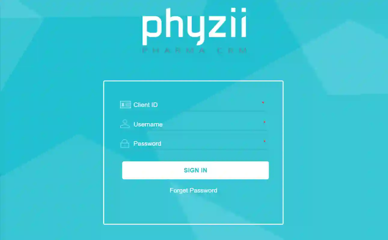 Phyzii CRM web login page showing Code, Name, and Password fields