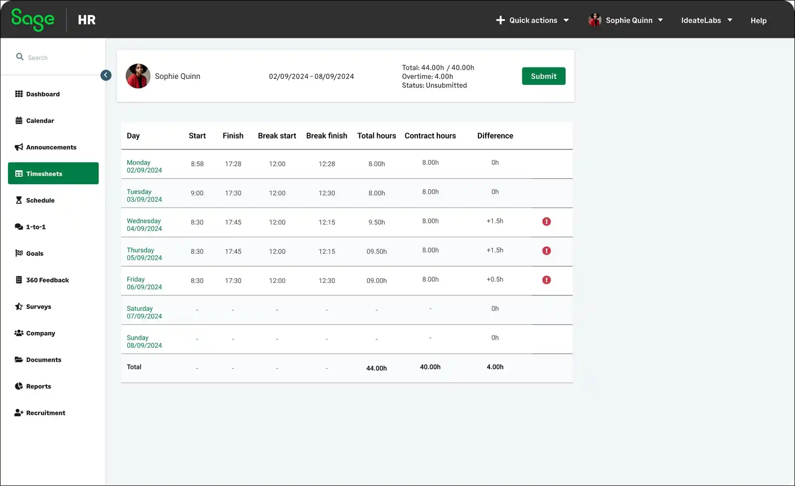 Sage HRMS training schedule showing sessions for administrators, managers, and employees with time allocations
