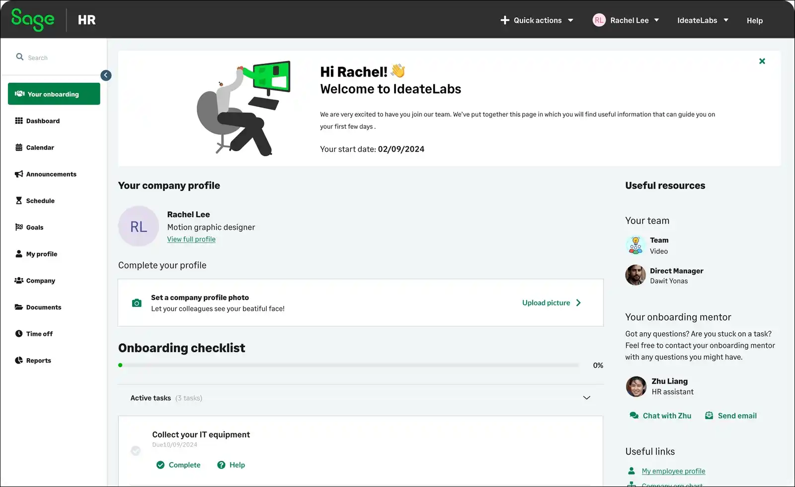 Sage HRMS dashboard interface displaying employee management features and navigation menu