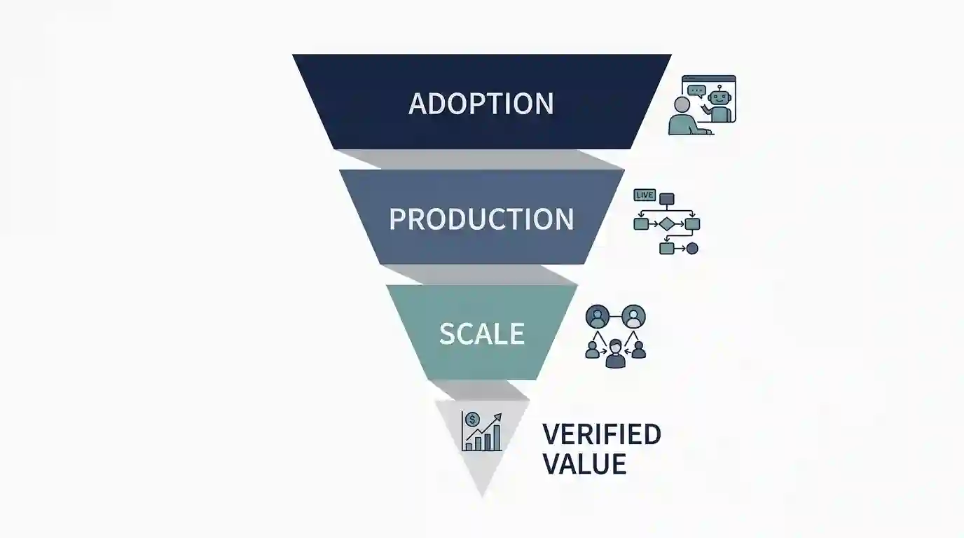 Four-stage AI transformation funnel showing adoption, production, scale, and verified value.