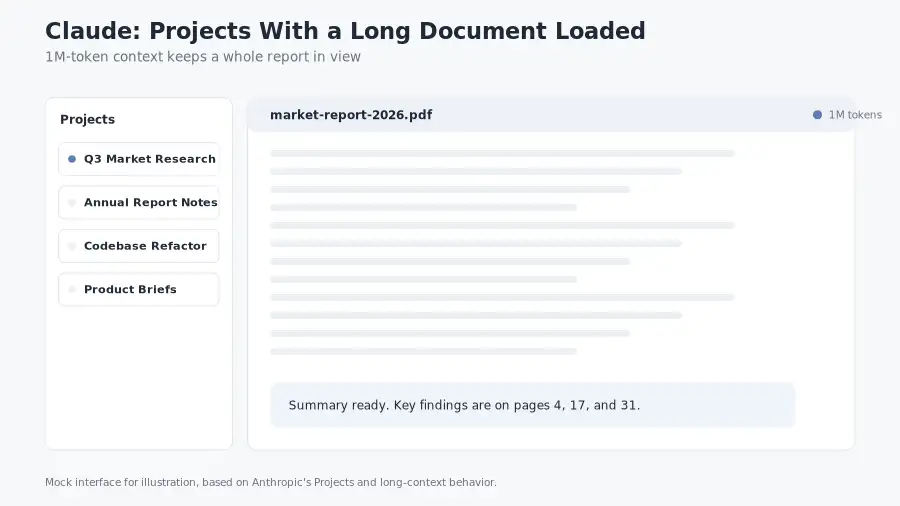 Mockup of Claude Projects showing a long market report loaded in a 1 million token context window