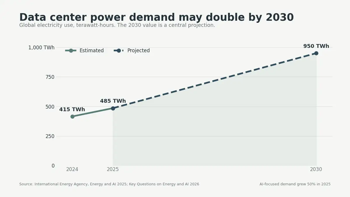 Line chart showing global data center electricity demand rising from 415 TWh in 2024 to 950 TWh projected in 2030