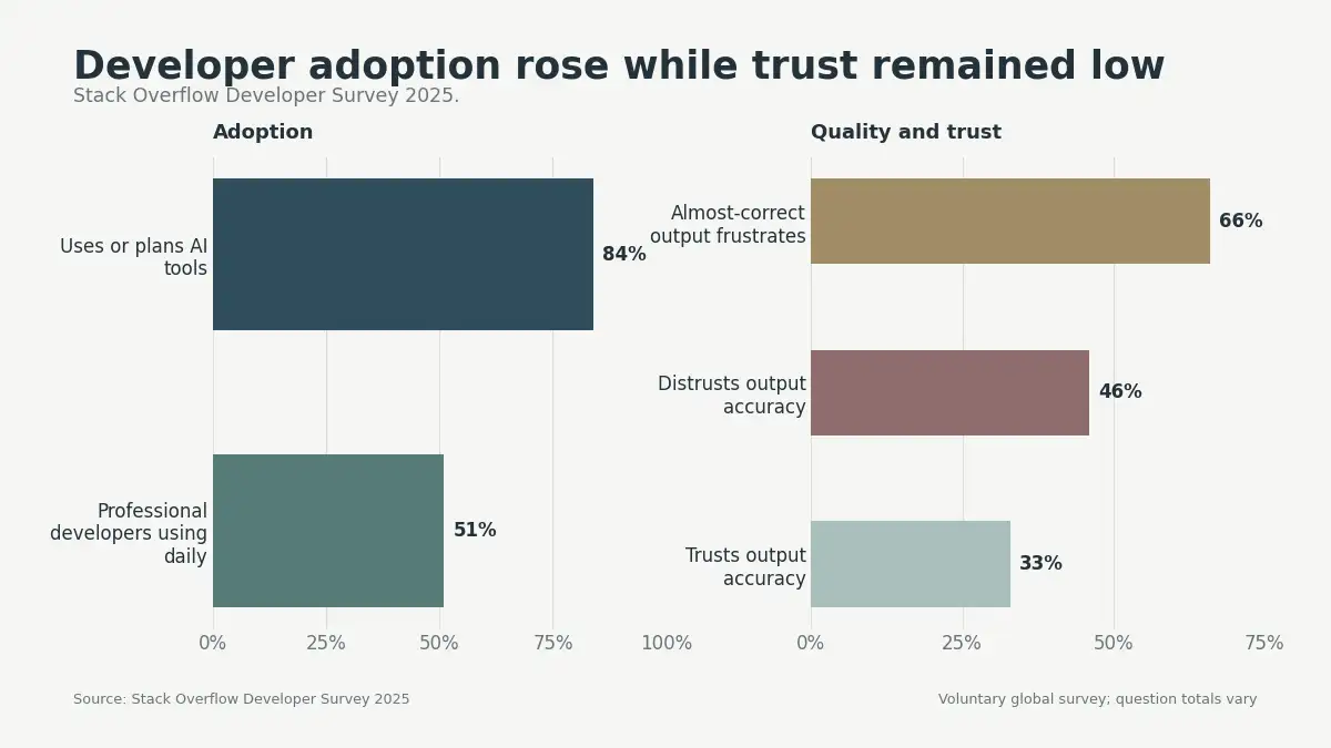 Bar chart showing 84% developer AI use or plans, 46% distrust, 33% trust, and 66% frustration with almost-correct output
