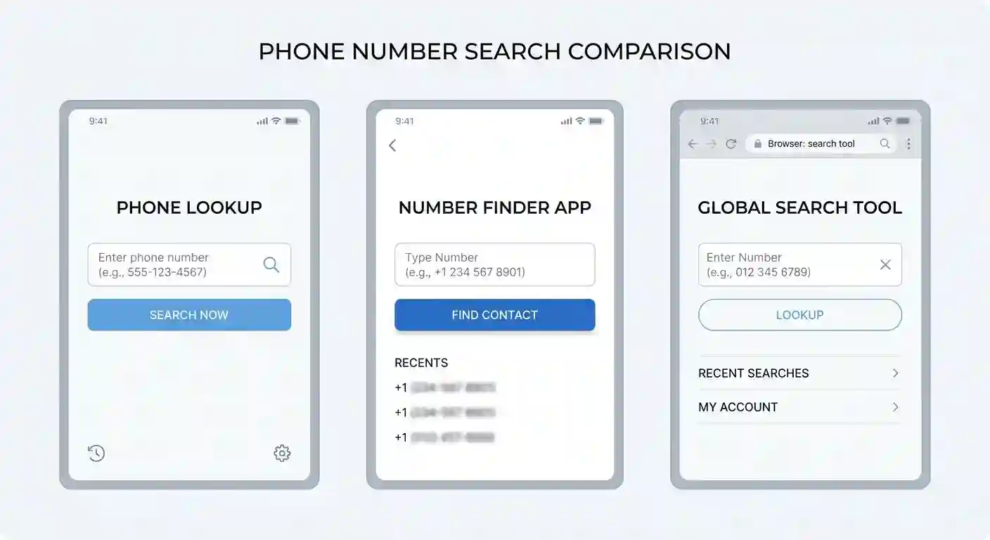 Screenshots showing interfaces of Truecaller, NumLookup, and TruePeopleSearch mobile and web applications
