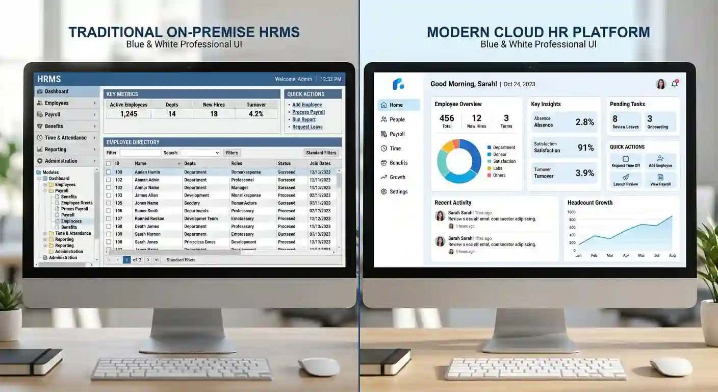 Sage HRMS dashboard interface compared to BambooHR modern cloud-based interface