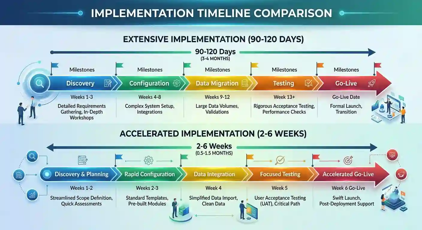 Sage HRMS vs BambooHR implementation timeline comparison showing 90-day versus 4-week deployment schedules