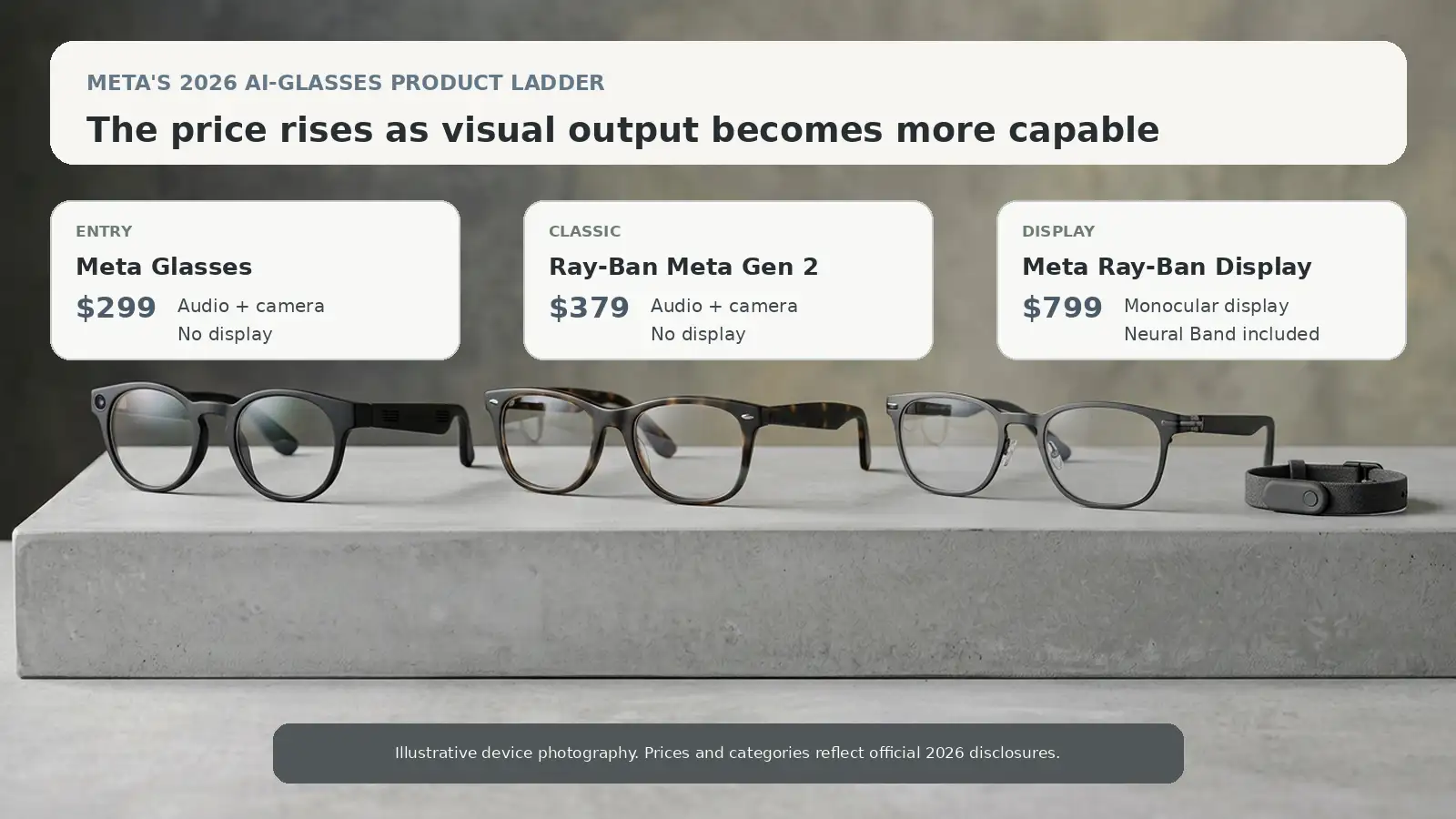 Meta AI glasses ladder showing $299 Meta Glasses, $379 Ray-Ban Meta Gen 2, and $799 Meta Ray-Ban Display.