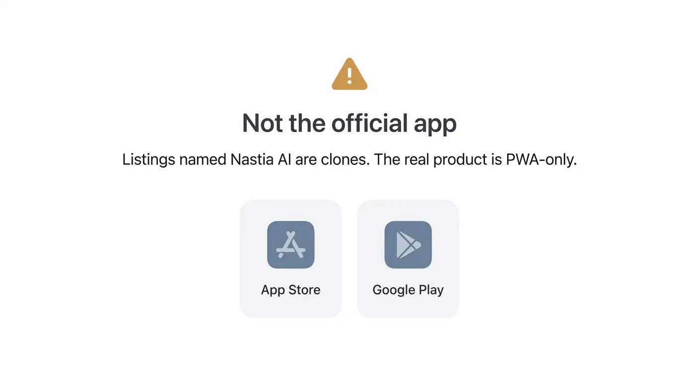 Warning card showing that App Store and Google Play listings named Nastia AI are clones, not the official PWA product.