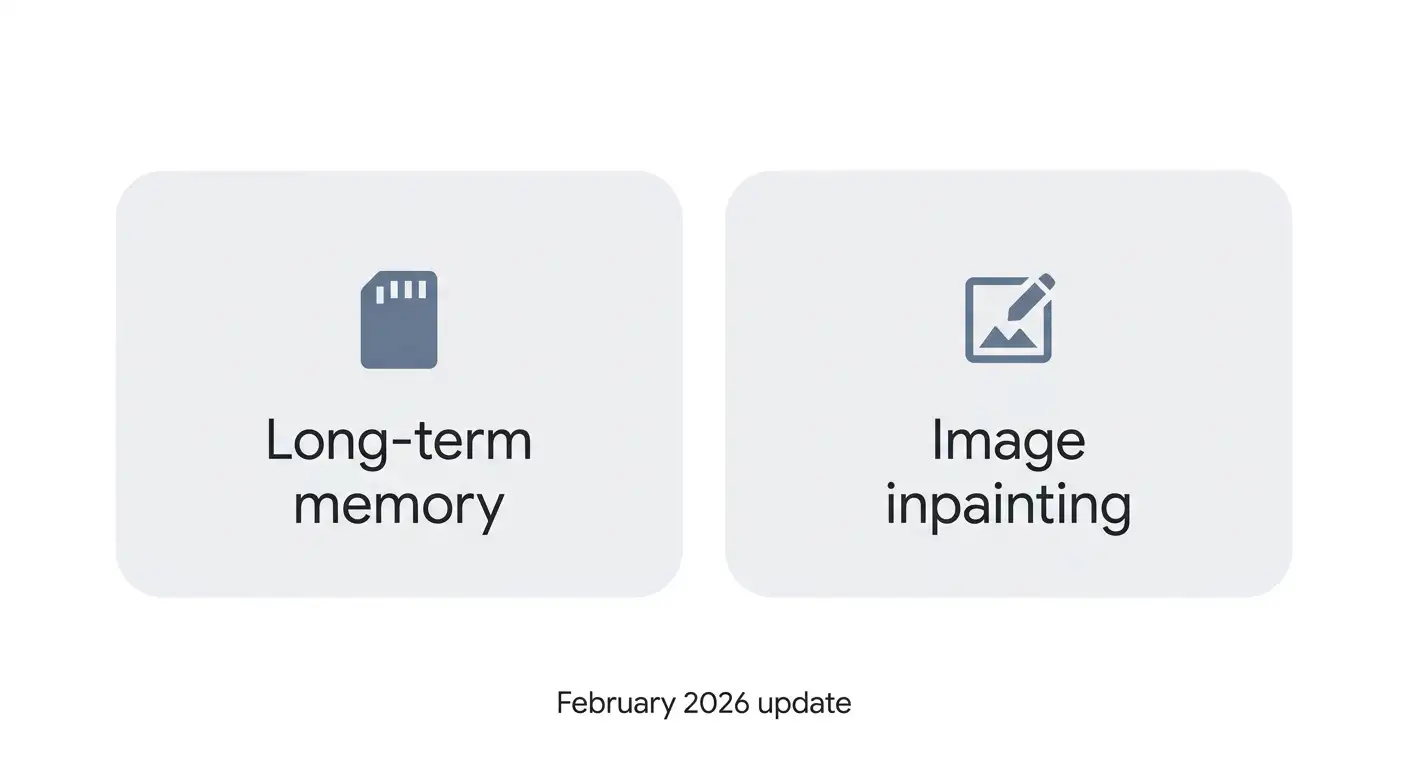 Nastia AI February 2026 update cards showing long-term memory and image inpainting features.