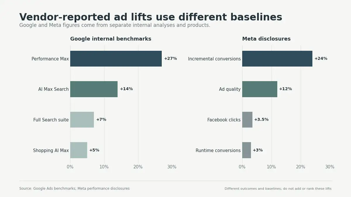 Two-panel bar chart comparing separate Google and Meta internal advertising automation lifts