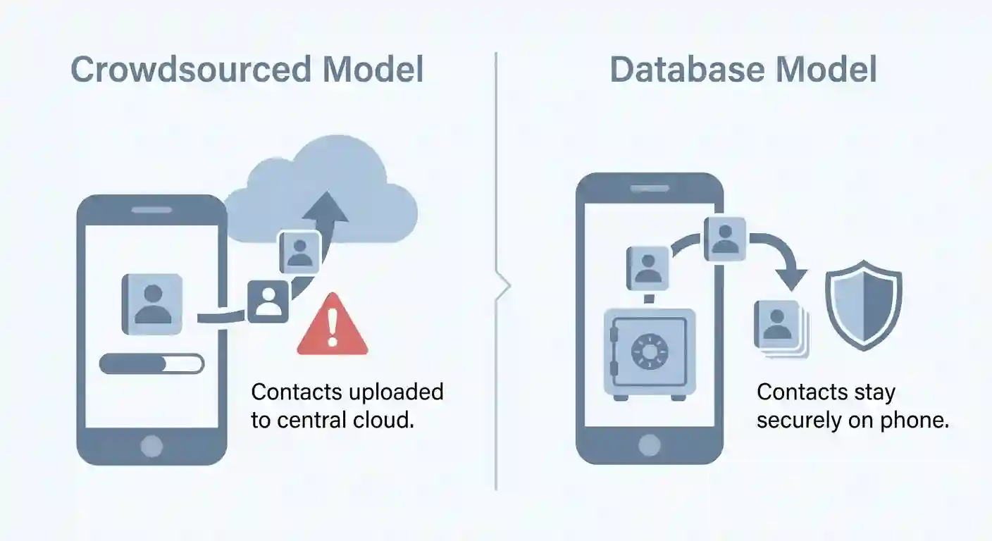 Diagram comparing crowdsourced versus database privacy models for spam blocking apps