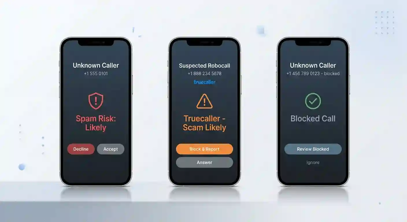 Smartphone screens showing various spam call blocking app notifications and caller ID displays