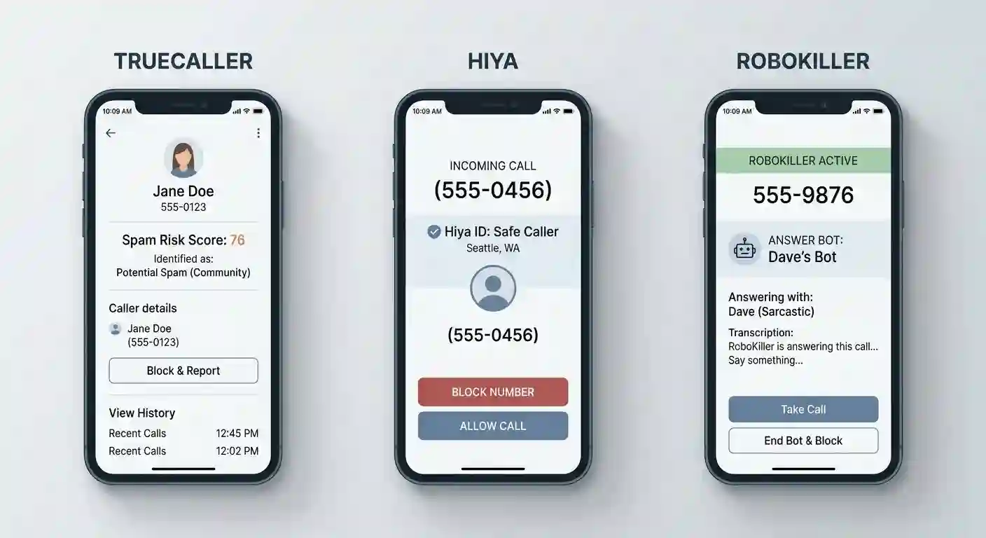 "Side-by-side comparison of Truecaller, Hiya, and RoboKiller mobile app interfaces showing spam blocking features
