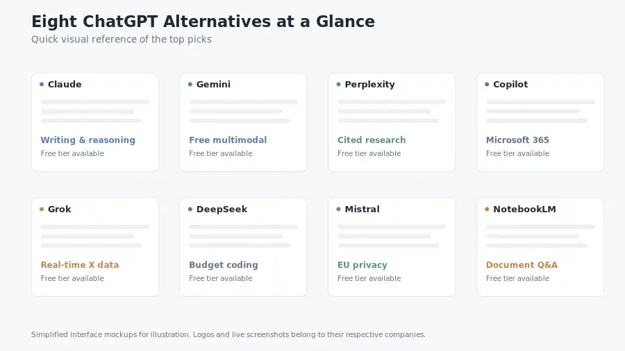 Clean mockup collage of eight ChatGPT alternatives including Claude, Gemini, Perplexity, Copilot, Grok, DeepSeek, Mistral, and NotebookLM
